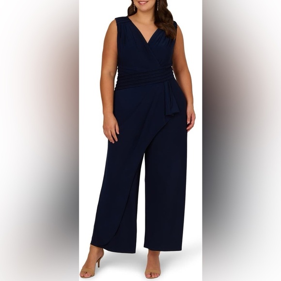 Adrianna Papell NWT Pintuck Jersey Jumpsuit in Midnight Blue Wide Draped 18 XL - Picture 1 of 16